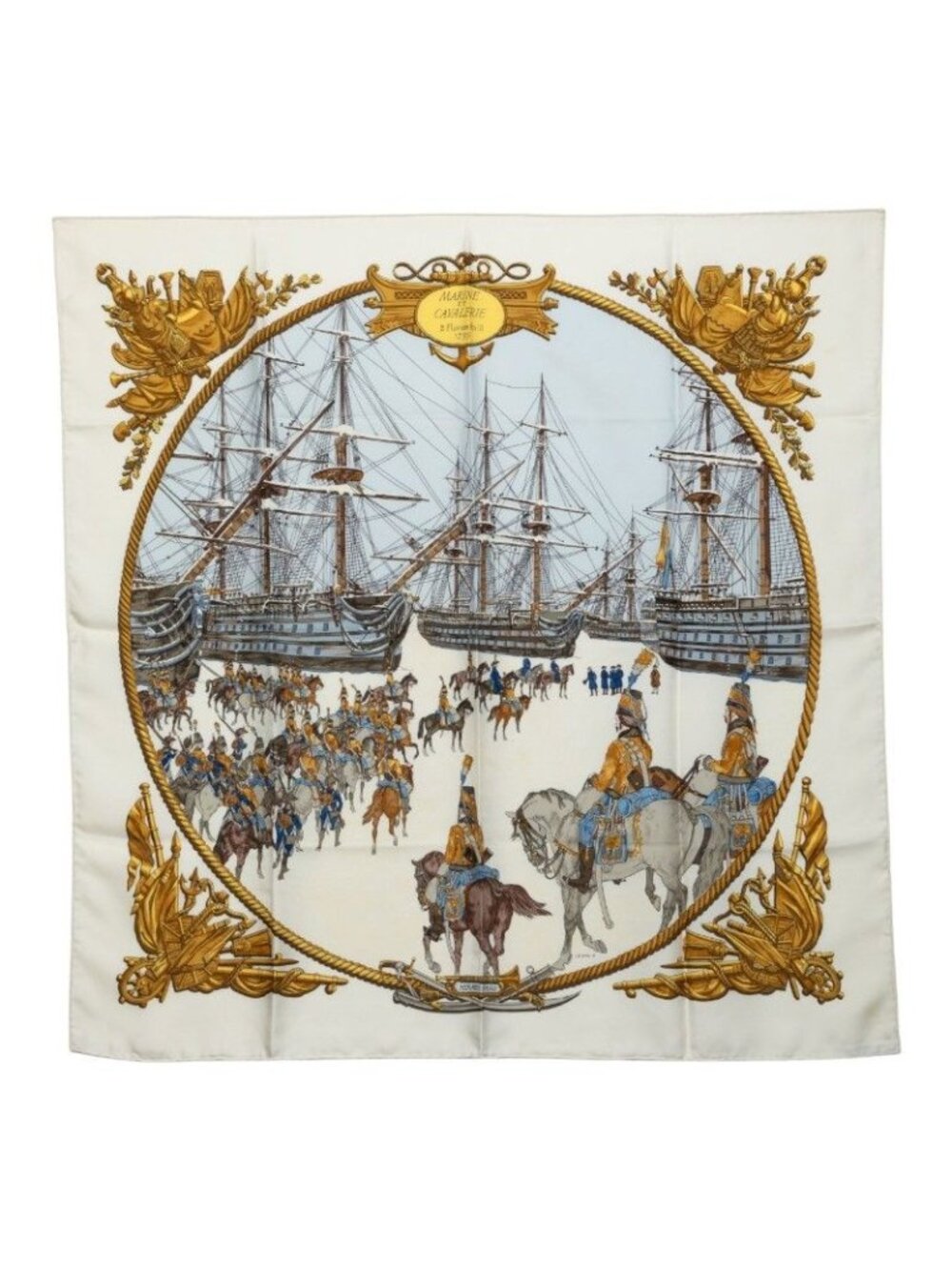 Hermes Carre 90 Marine Et Cavalerie Sea and Cavalry Scarf White Multicolor Silk